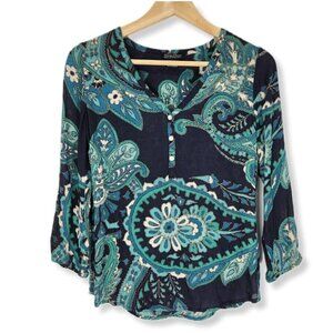 Lucky Brand V-Neck Popover Top Womens XS Blue Green Paisley Lightweight Bohemian